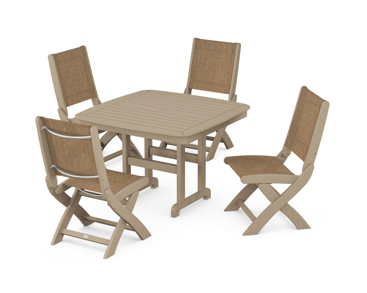 POLYWOOD Coastal Folding Side Chair 5-Piece Dining Set with Nautical 44" Dining Table in Vintage Sahara / Burlap