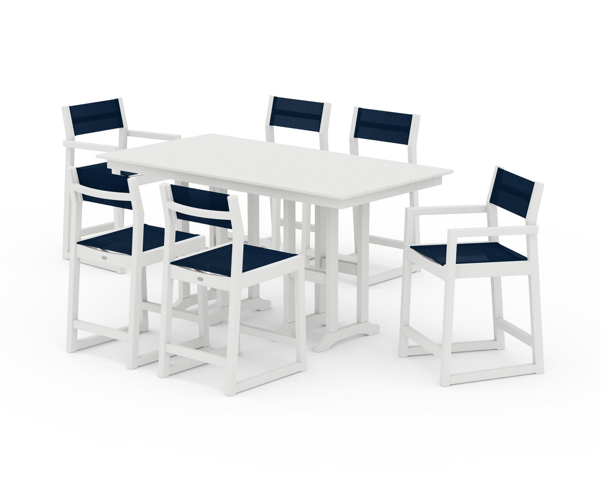 POLYWOOD EDGE Sling 7-Piece Farmhouse Counter Set with Trestle Legs in Vintage White / Navy Blue