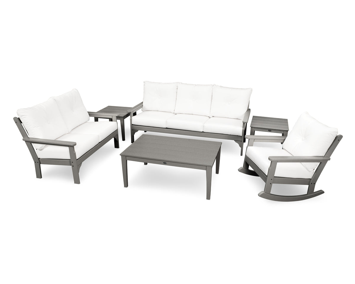 POLYWOOD Vineyard 6-Piece Deep Seating Set with Rocking Chair in Slate Grey / Natural