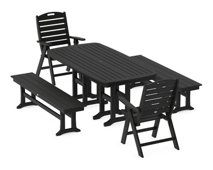 POLYWOOD Nautical Highback 5-Piece Dining Set with Benches in Black