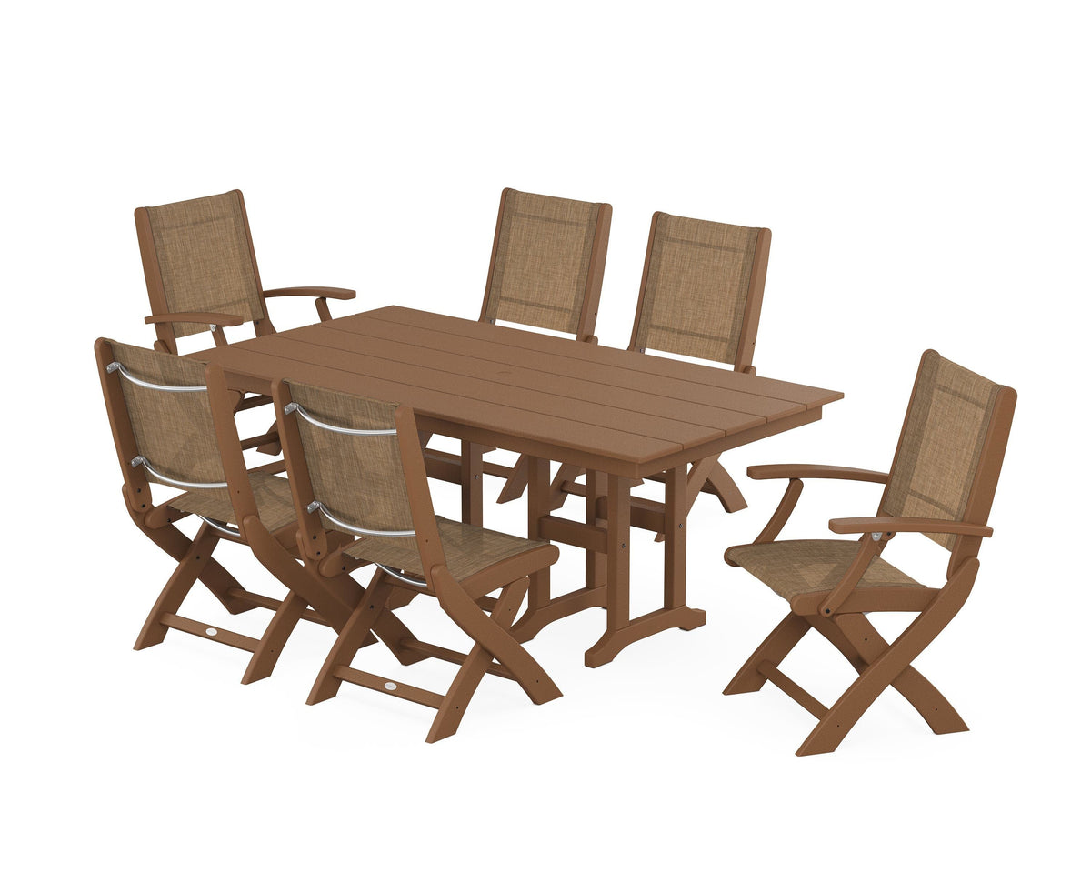 POLYWOOD Coastal Folding Chair 7-Piece Farmhouse Dining Set in Teak / Burlap