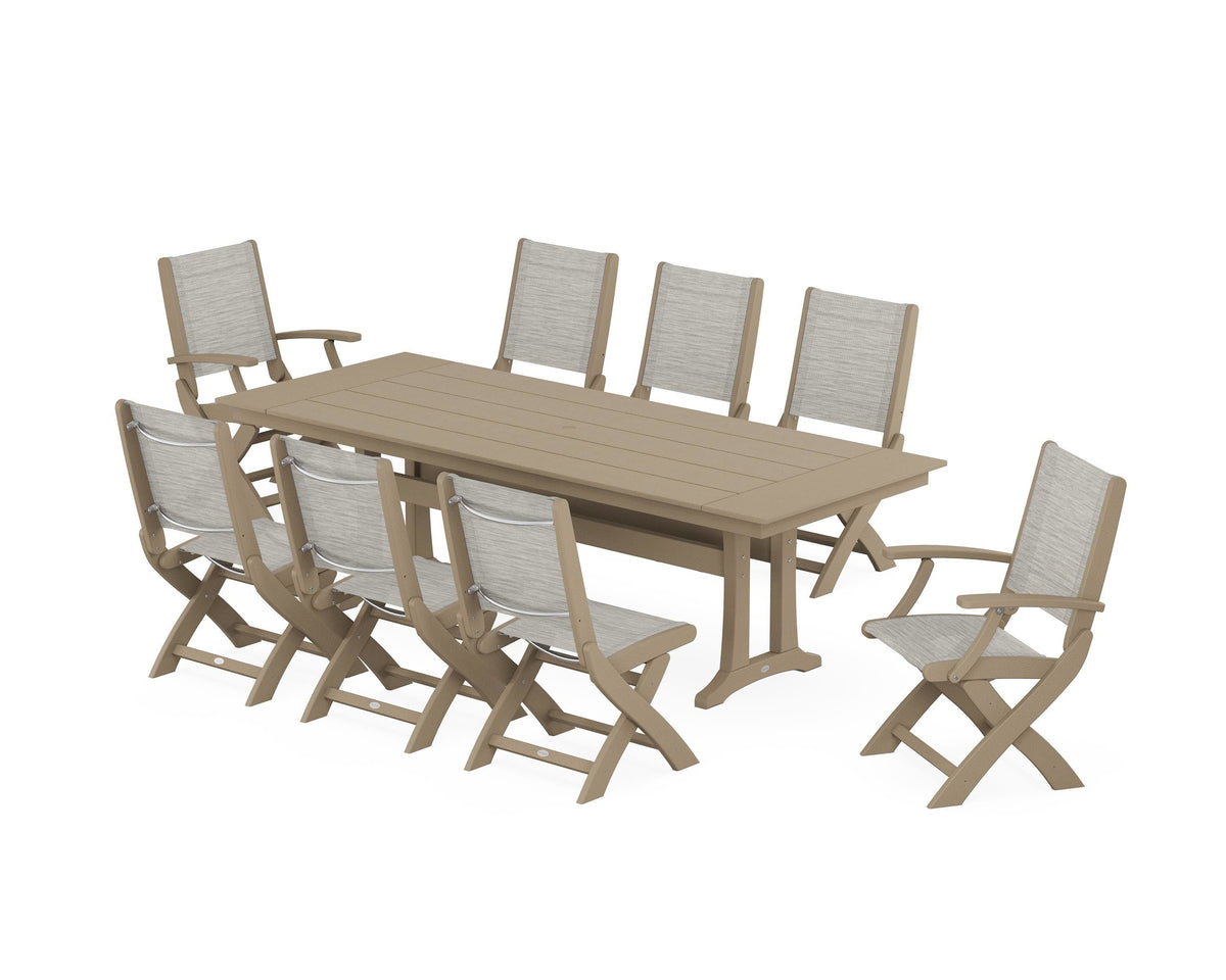 POLYWOOD Coastal 9-Piece Folding Dining Chair Farmhouse Dining Set with Trestle Legs in Vintage Sahara / Birch