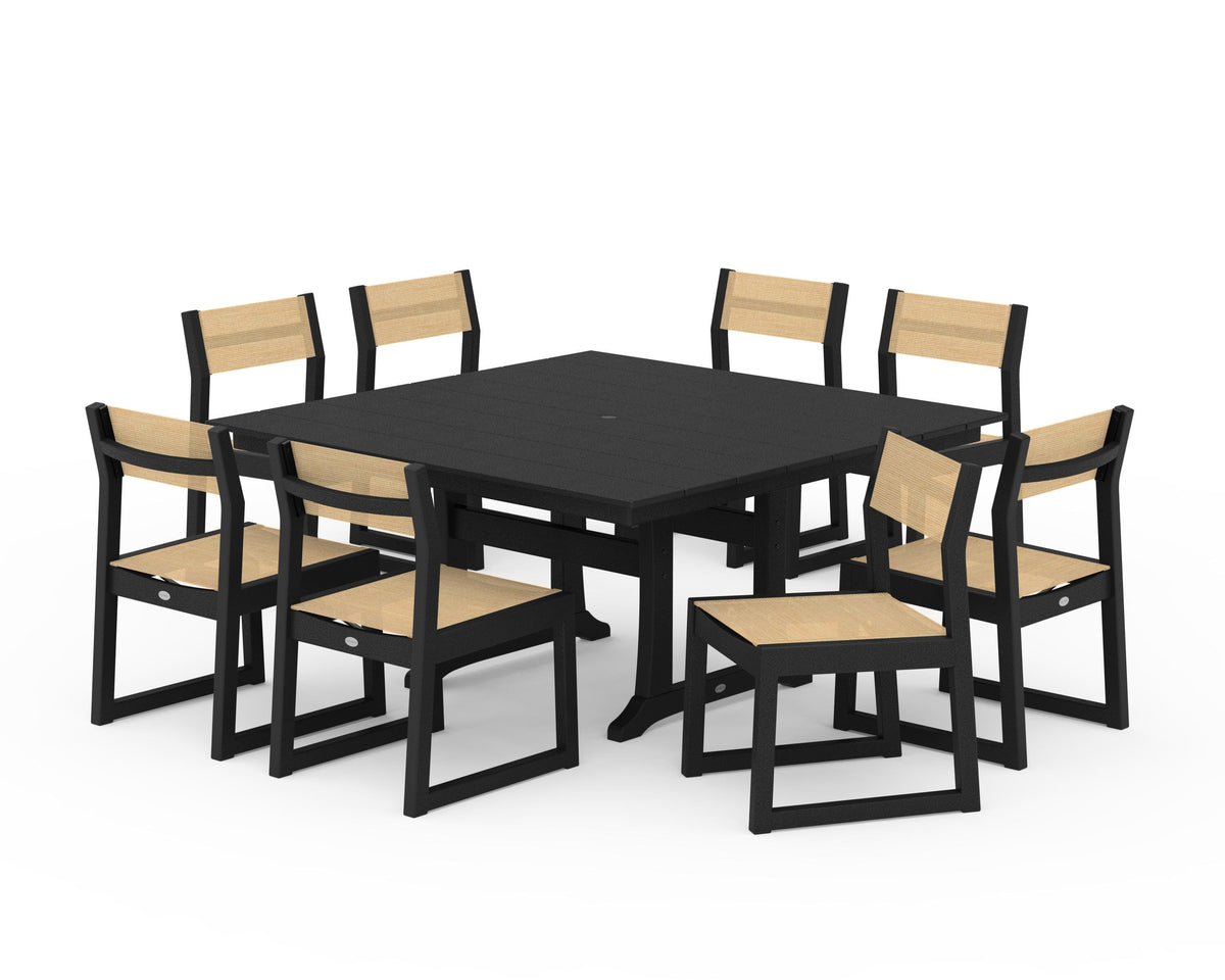 POLYWOOD EDGE Sling Side Chair 9-Piece Farmhouse Trestle Dining Set in Black / Dupioni Apricot
