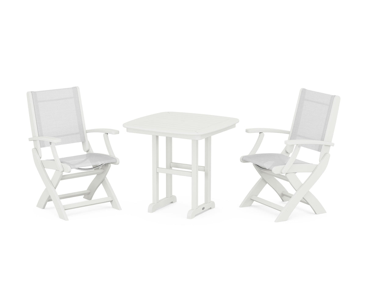 POLYWOOD Coastal Folding Chair 3-Piece Dining Set in Vintage White / White