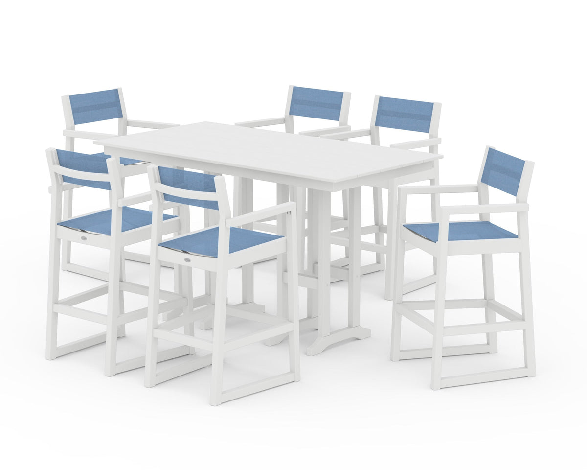 POLYWOOD EDGE Sling Arm Chair 7-Piece Farmhouse Bar Set in White / Poolside