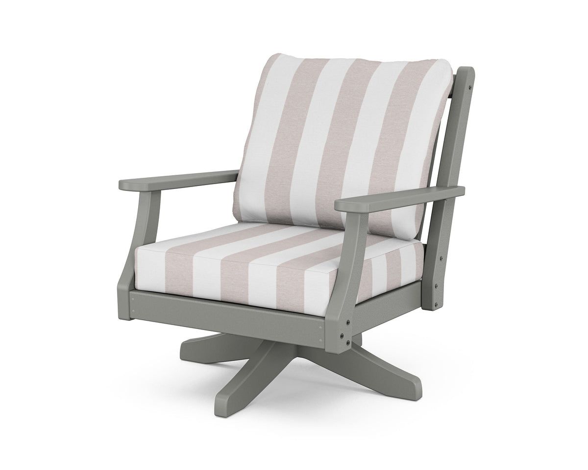 POLYWOOD Wovendale Deep Seating Swivel Chair in Slate Grey / Cabana Stripe Dune Burlap
