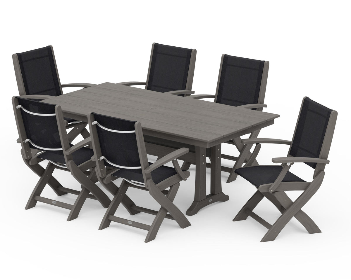 POLYWOOD Coastal Folding Arm Chair 7-Piece Farmhouse Dining Set with Trestle Legs in Driftwood / Black