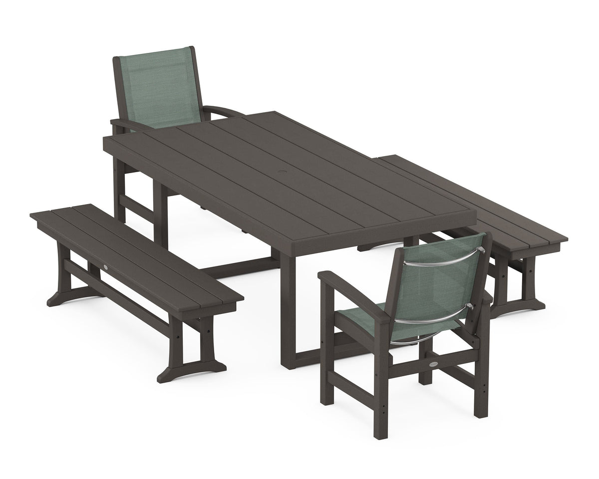 POLYWOOD Coastal 5-Piece Dining Set with Trestle Legs with EDGE 40" x 78" Dining Table in Vintage Coffee / Dupioni Sea Mist