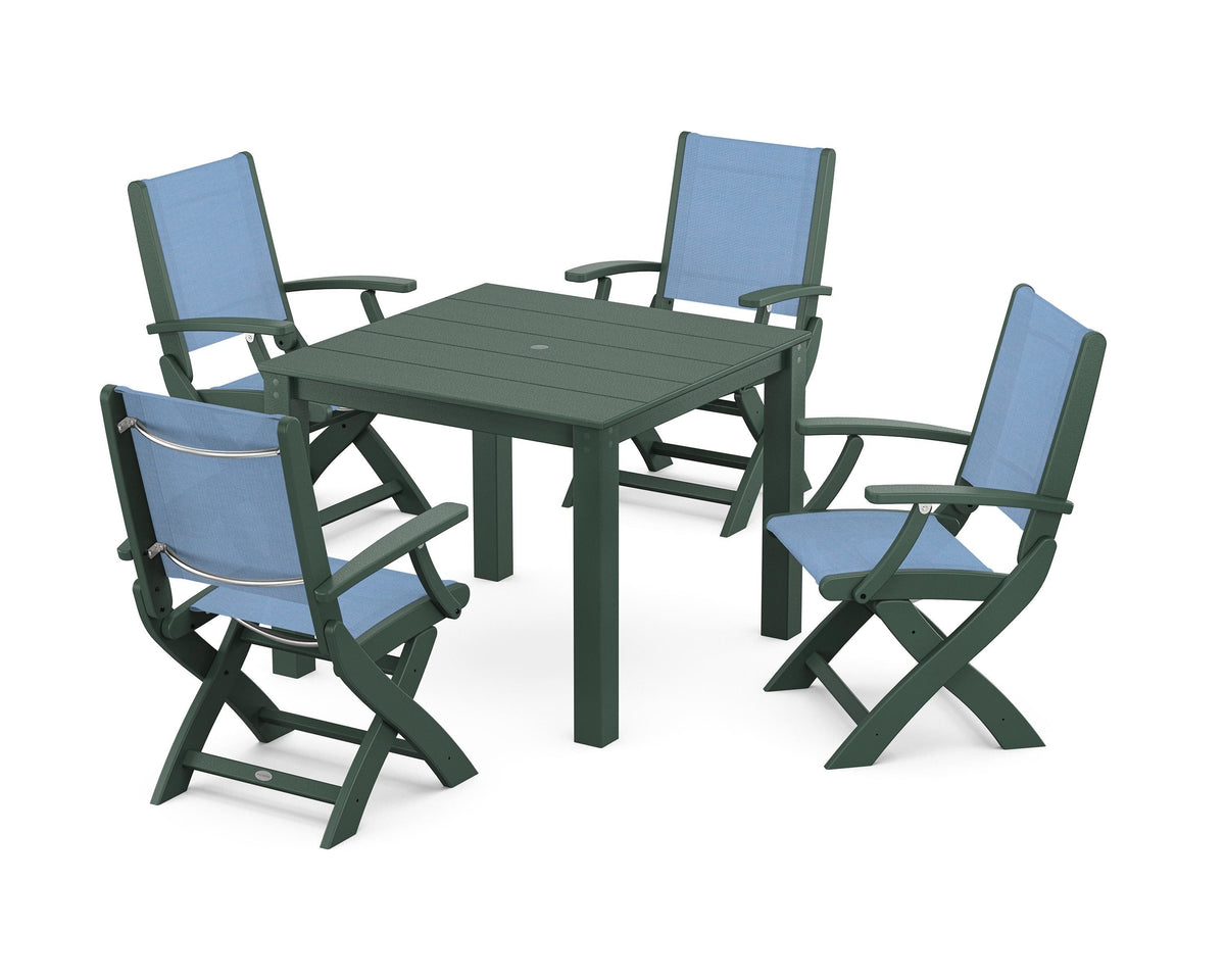 POLYWOOD Coastal Folding Chair 5-Piece Parsons Dining Set in Green / Poolside