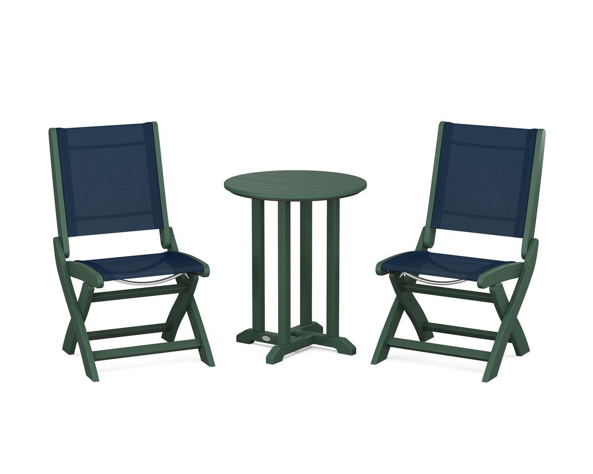 POLYWOOD Coastal Folding Side Chair 3-Piece Round Bistro Dining Set in Green / Navy Blue