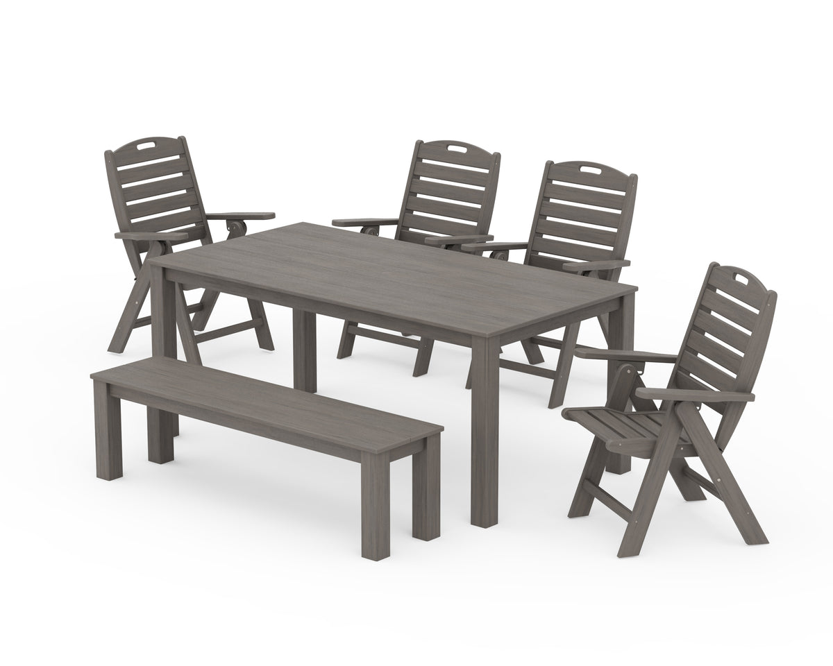 POLYWOOD Nautical Folding Highback Chair 6-Piece Parsons Dining Set with Bench in Driftwood