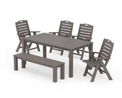 POLYWOOD Nautical Folding Highback Chair 6-Piece Parsons Dining Set with Bench in Driftwood