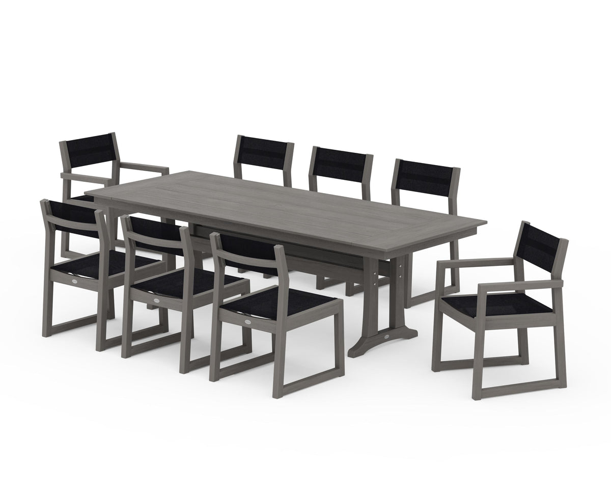 POLYWOOD EDGE Sling 9-Piece Farmhouse Trestle Dining Set in Driftwood / Black