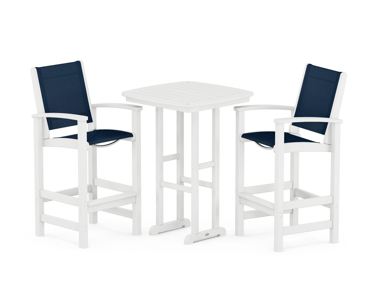 POLYWOOD Coastal 3-Piece Bar Set in White / Navy Blue