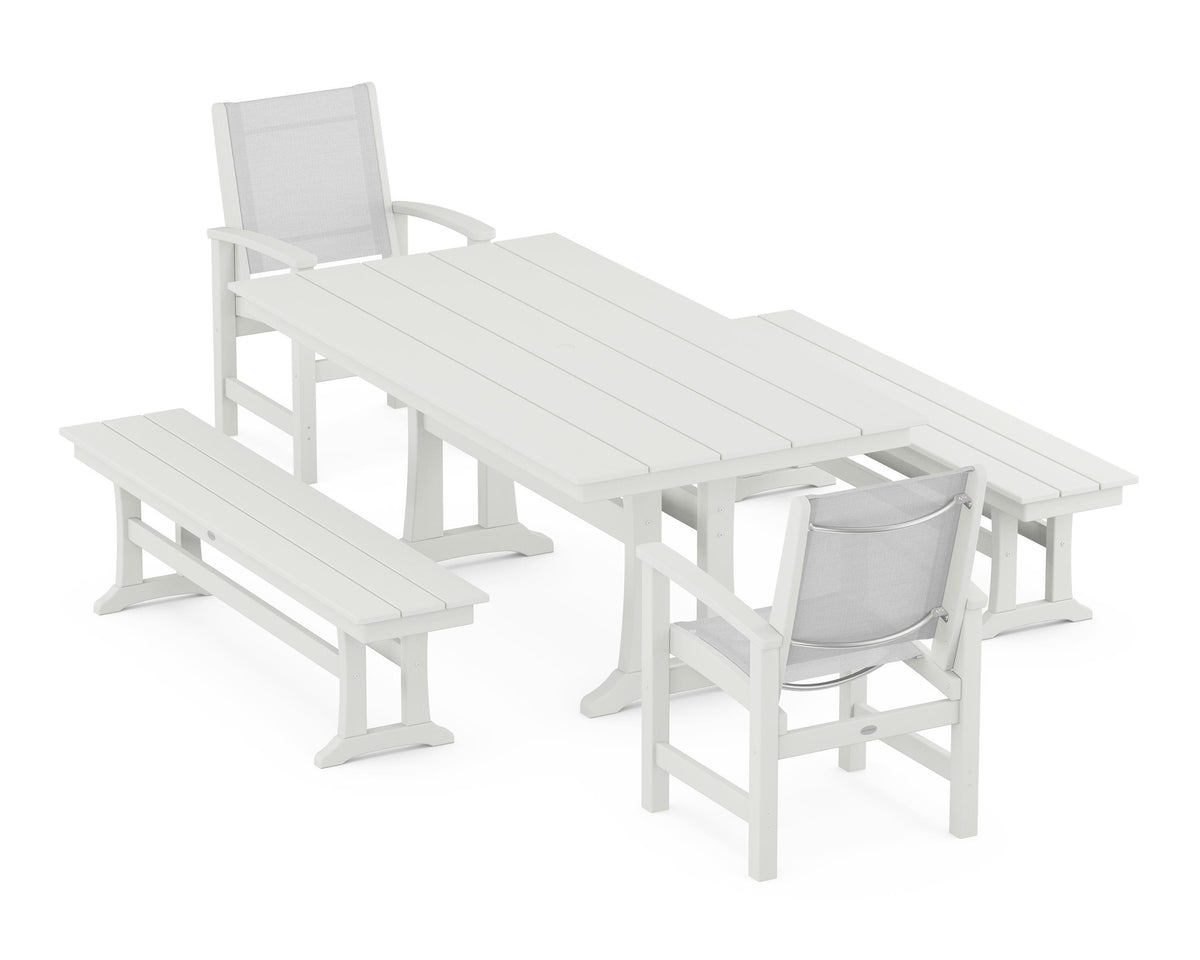 POLYWOOD Coastal 5-Piece Farmhouse Dining Set with Trestle Legs and Benches in Vintage White / White