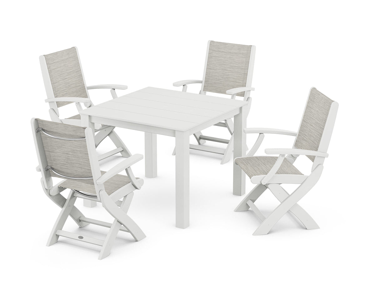 POLYWOOD Coastal Folding Chair 5-Piece Parsons Dining Set in White / Birch