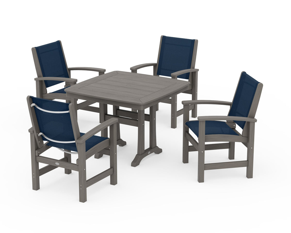POLYWOOD Coastal 5-Piece Dining Set with Trestle Legs with Nautical Trestle 37" Dining Table in Driftwood / Navy Blue