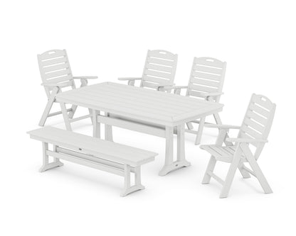 POLYWOOD Nautical Highback 6-Piece Dining Set with Trestle Legs and Bench in White