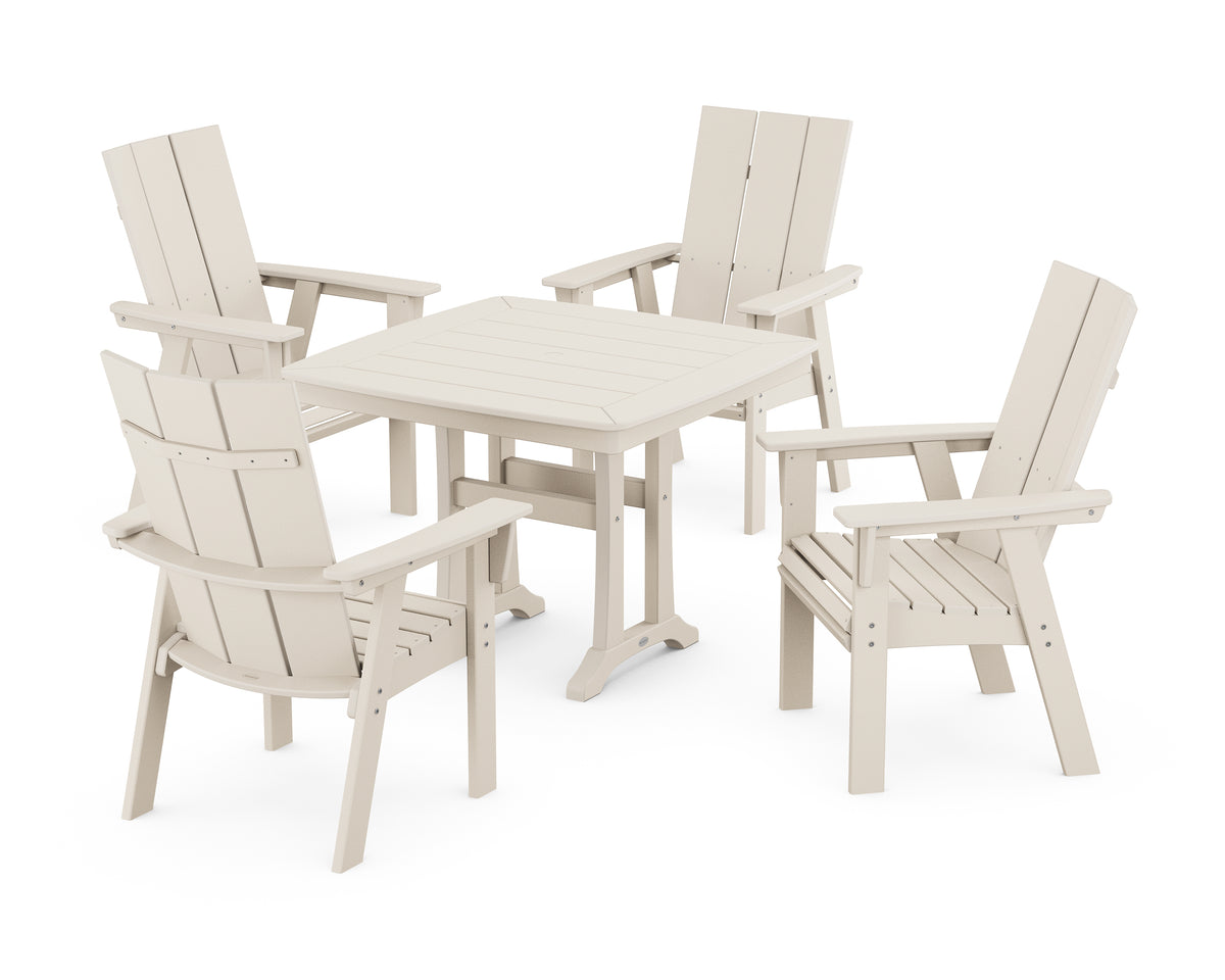 POLYWOOD Modern Adirondack 5-Piece Dining Set with Trestle Legs with Modern Curveback Adirondack Dining Chair in Sand