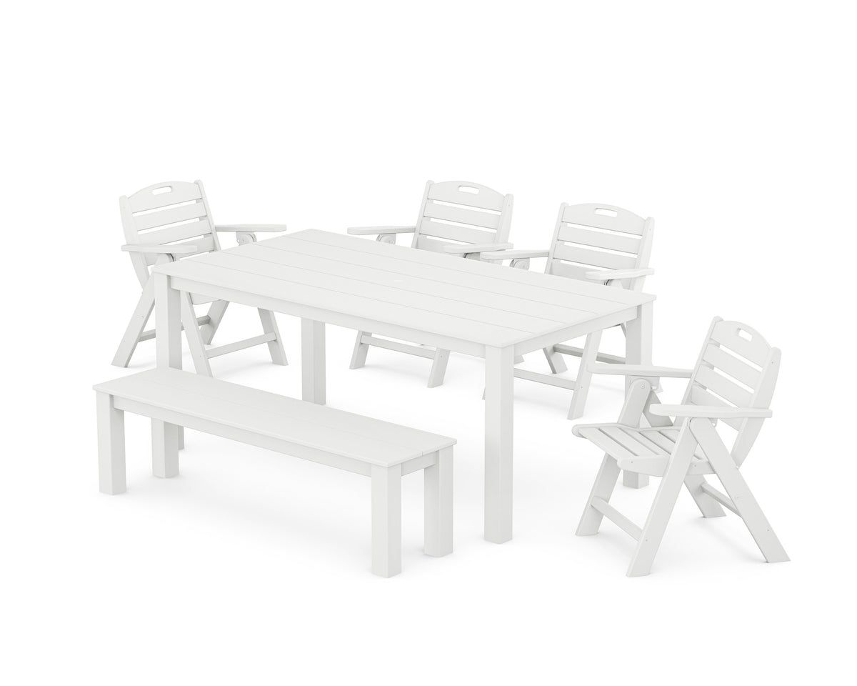 POLYWOOD Nautical Folding Lowback Chair 6-Piece Parsons Dining Set with Bench in White