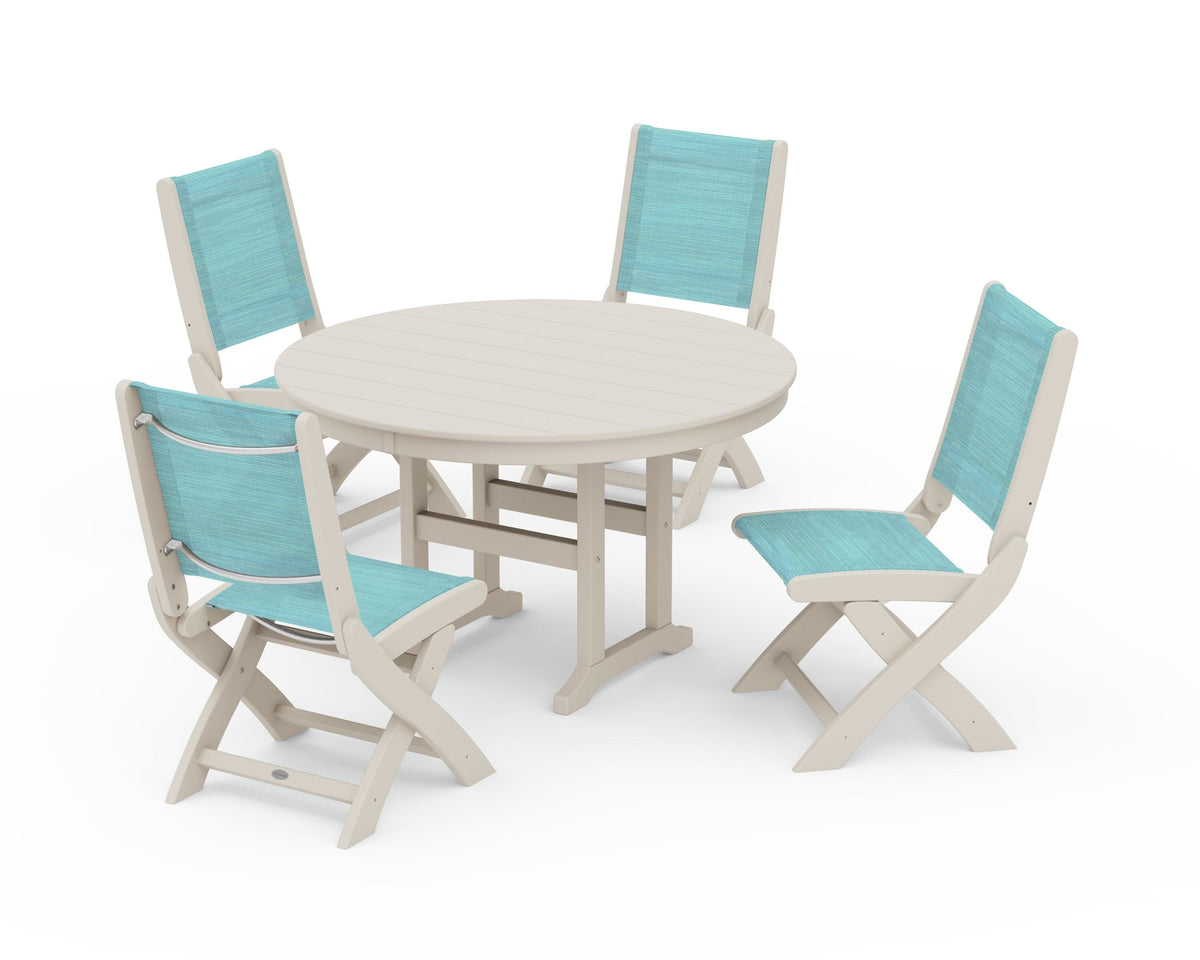 POLYWOOD Coastal Folding Side Chair 5-Piece Round Dining Set in Sand / Dupioni Aquamarine