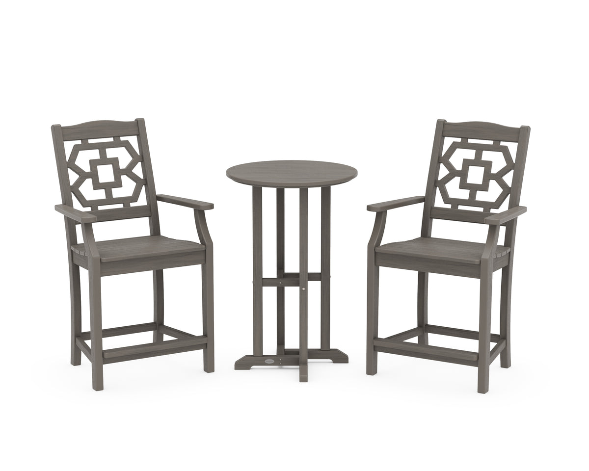 POLYWOOD Chinoiserie 3-Piece Farmhouse Bistro Counter Set in Driftwood