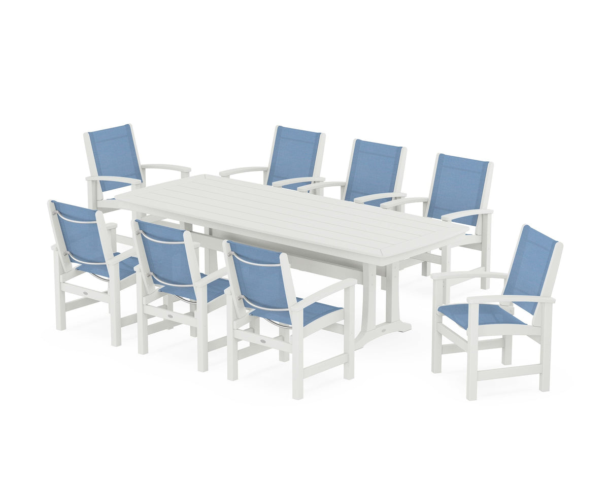 POLYWOOD Coastal 9-Piece Dining Set with Trestle Legs in Vintage White / Poolside