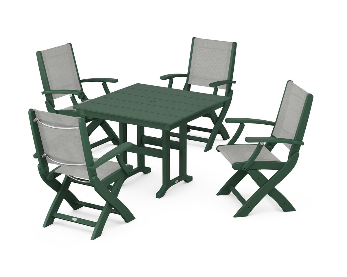 POLYWOOD Coastal Folding Chair 5-Piece Farmhouse Dining Set in Green / Metallic