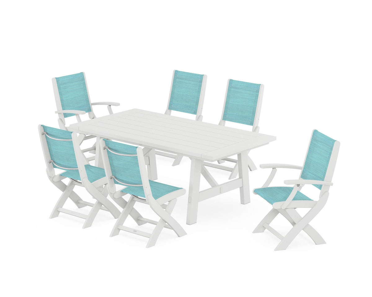 POLYWOOD Coastal Folding Chair 7-Piece Rustic Farmhouse Dining Set in White / Dupioni Aquamarine