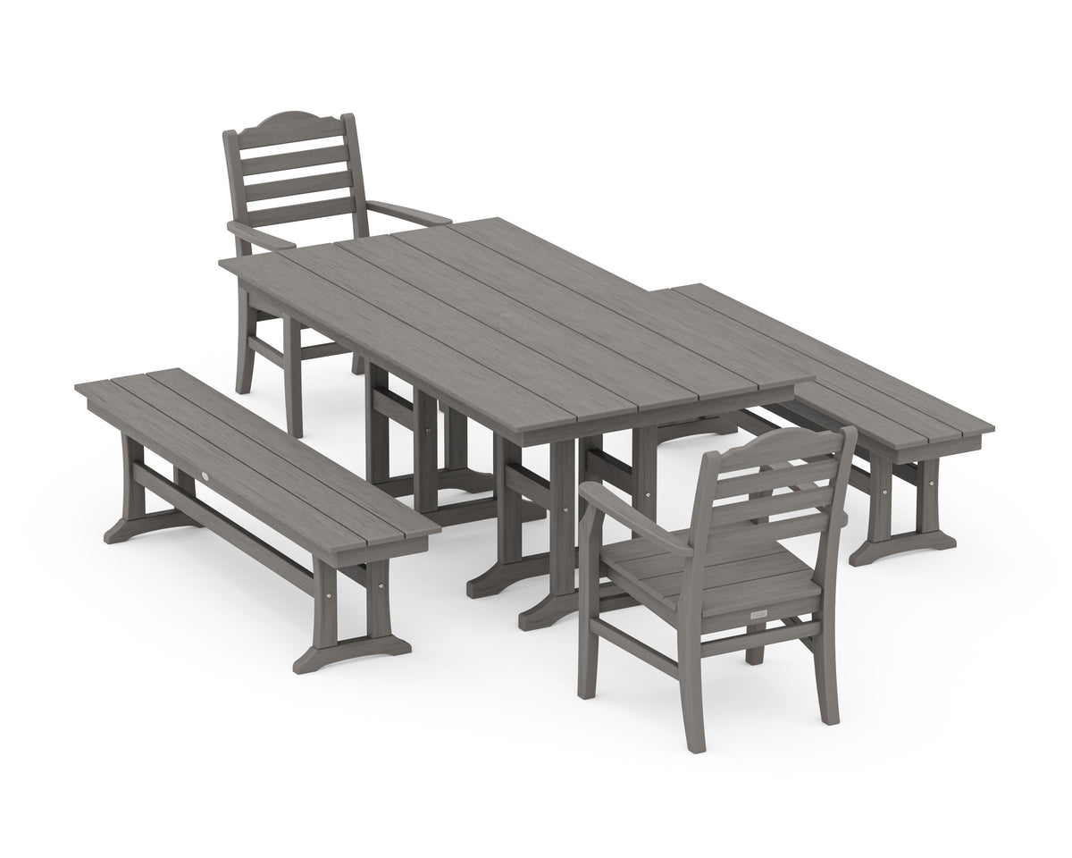 POLYWOOD Savannah 5-Piece Farmhouse Dining Set with Benches in Driftwood