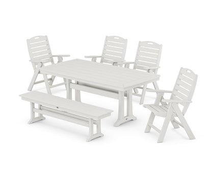POLYWOOD Nautical Highback 6-Piece Dining Set with Trestle Legs and Bench in Vintage White