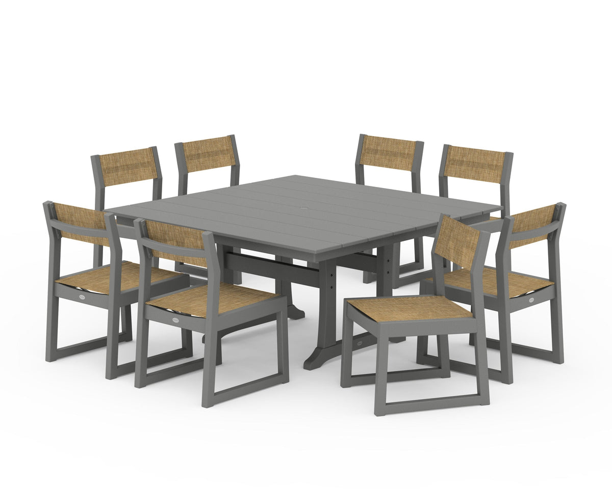 POLYWOOD EDGE Sling Side Chair 9-Piece Farmhouse Trestle Dining Set in Slate Grey / Burlap