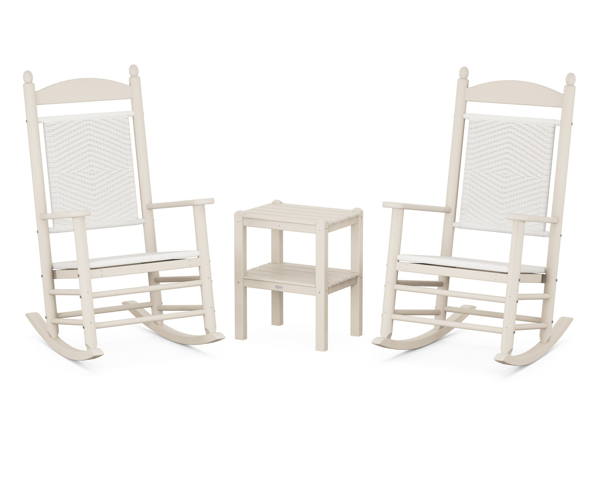 POLYWOOD Jefferson 3-Piece Woven Rocker Set in Sand / White Loom