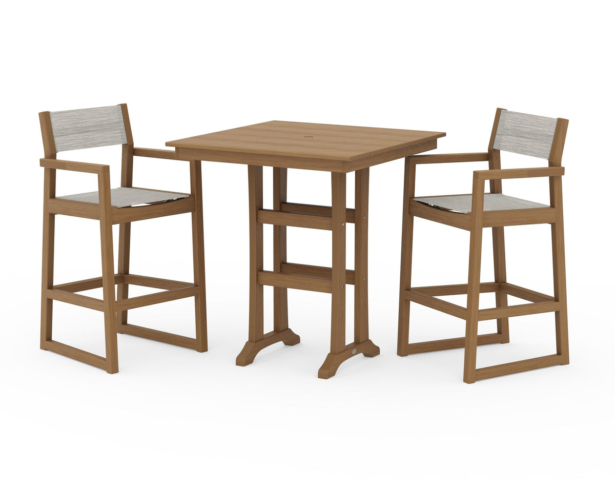 POLYWOOD EDGE Sling Arm Chair 3-Piece Farmhouse Bar Set with Trestle Legs in Natural / Birch
