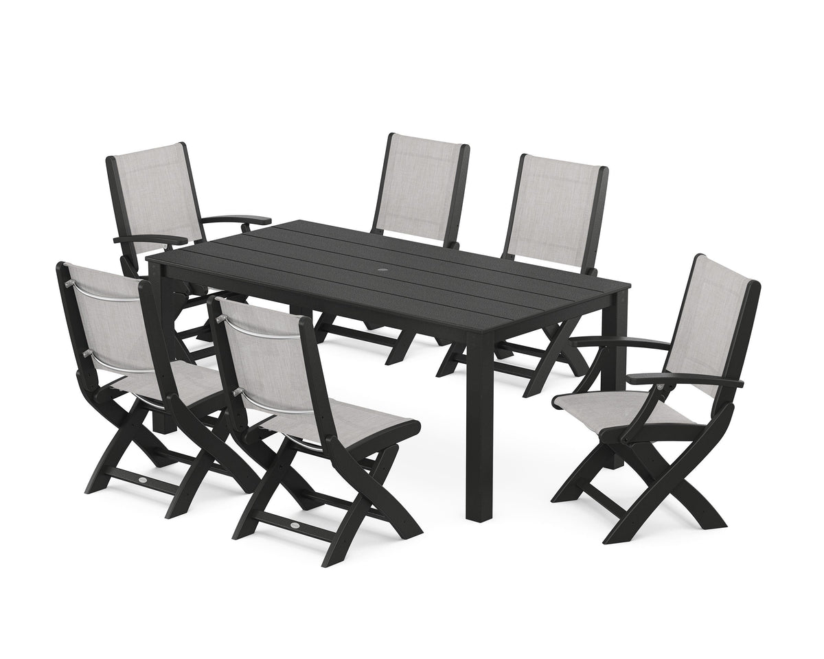 POLYWOOD Coastal Folding Chair 7-Piece Parsons Dining Set with Coastal Folding Side Chair in Black / Parchment