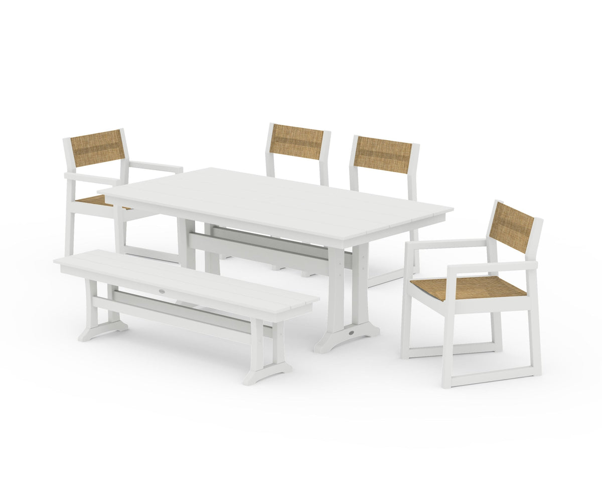 POLYWOOD EDGE Sling 6-Piece Farmhouse Dining Set With Trestle Legs in Vintage White / Burlap