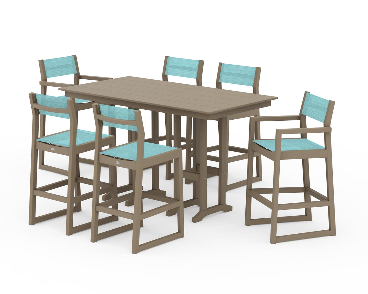 POLYWOOD EDGE Sling 7-Piece Farmhouse Bar Set in Vintage Sahara / Dupioni Aquamarine