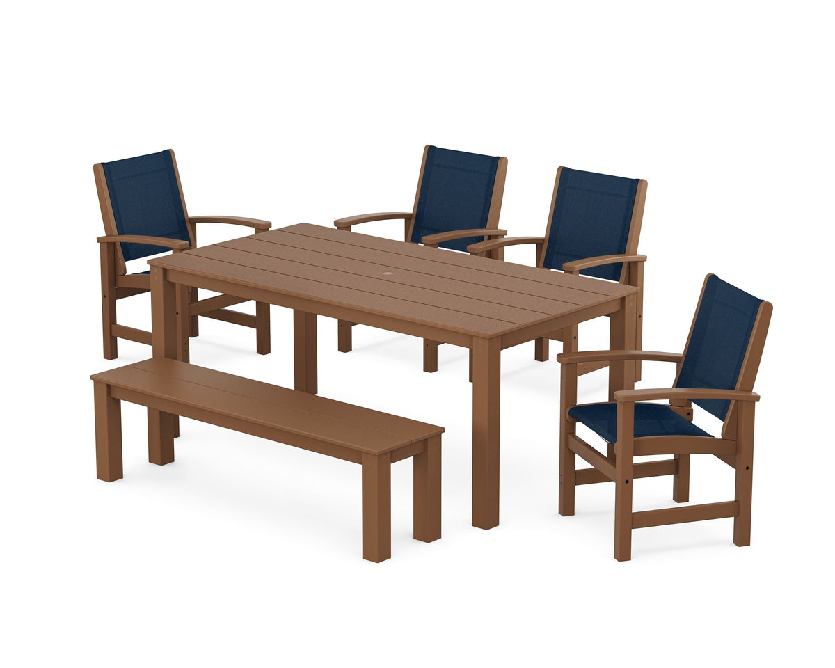 POLYWOOD Coastal 6-Piece Parsons Dining Set with Bench in Teak / Navy Blue