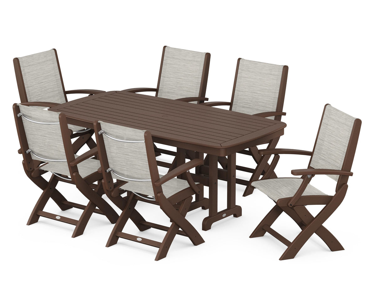 POLYWOOD Coastal Folding Arm Chair 7-Piece Dining Set in Mahogany / Birch