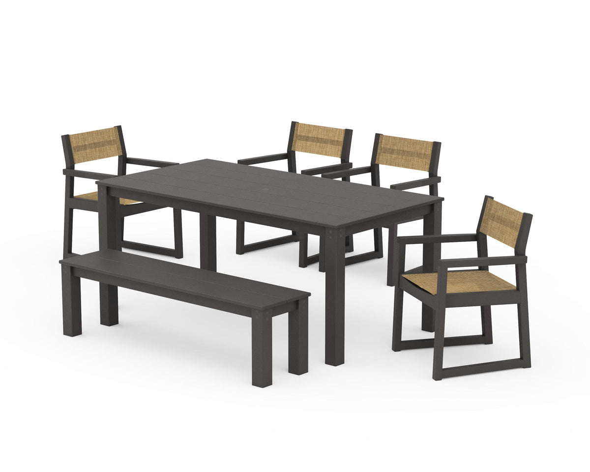 POLYWOOD EDGE Sling Arm Chair 6-Piece Parsons Dining Set with Bench in Vintage Coffee / Burlap