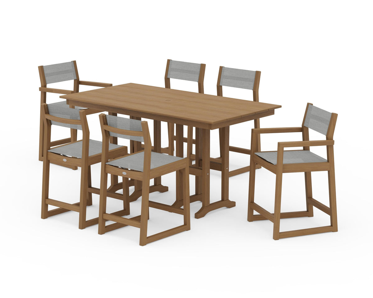 POLYWOOD EDGE Sling 7-Piece Farmhouse Counter Set with Trestle Legs in Natural / Metallic