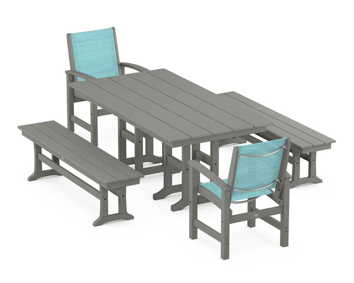 POLYWOOD Coastal 5-Piece Farmhouse Dining Set with Farmhouse 37" x 72" Dining Table in Slate Grey / Dupioni Aquamarine