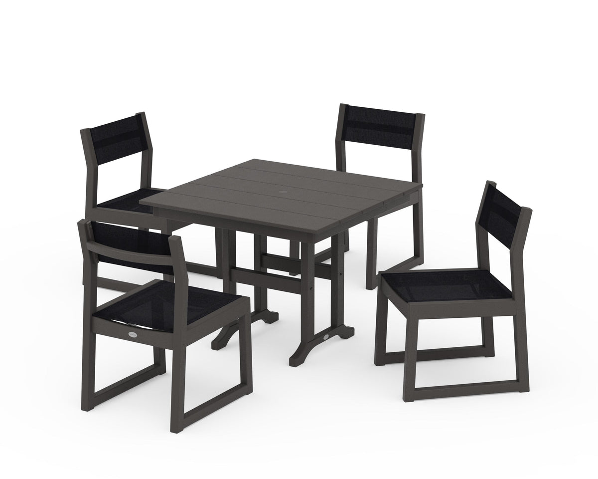 POLYWOOD EDGE Sling Side Chair 5-Piece Farmhouse Dining Set in Vintage Coffee / Black