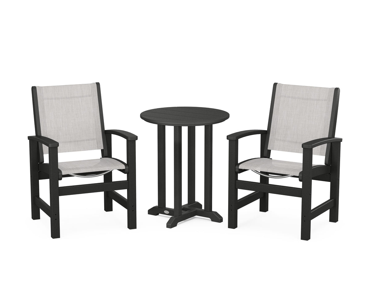 POLYWOOD Coastal 3-Piece Round Bistro Dining Set in Black / Parchment