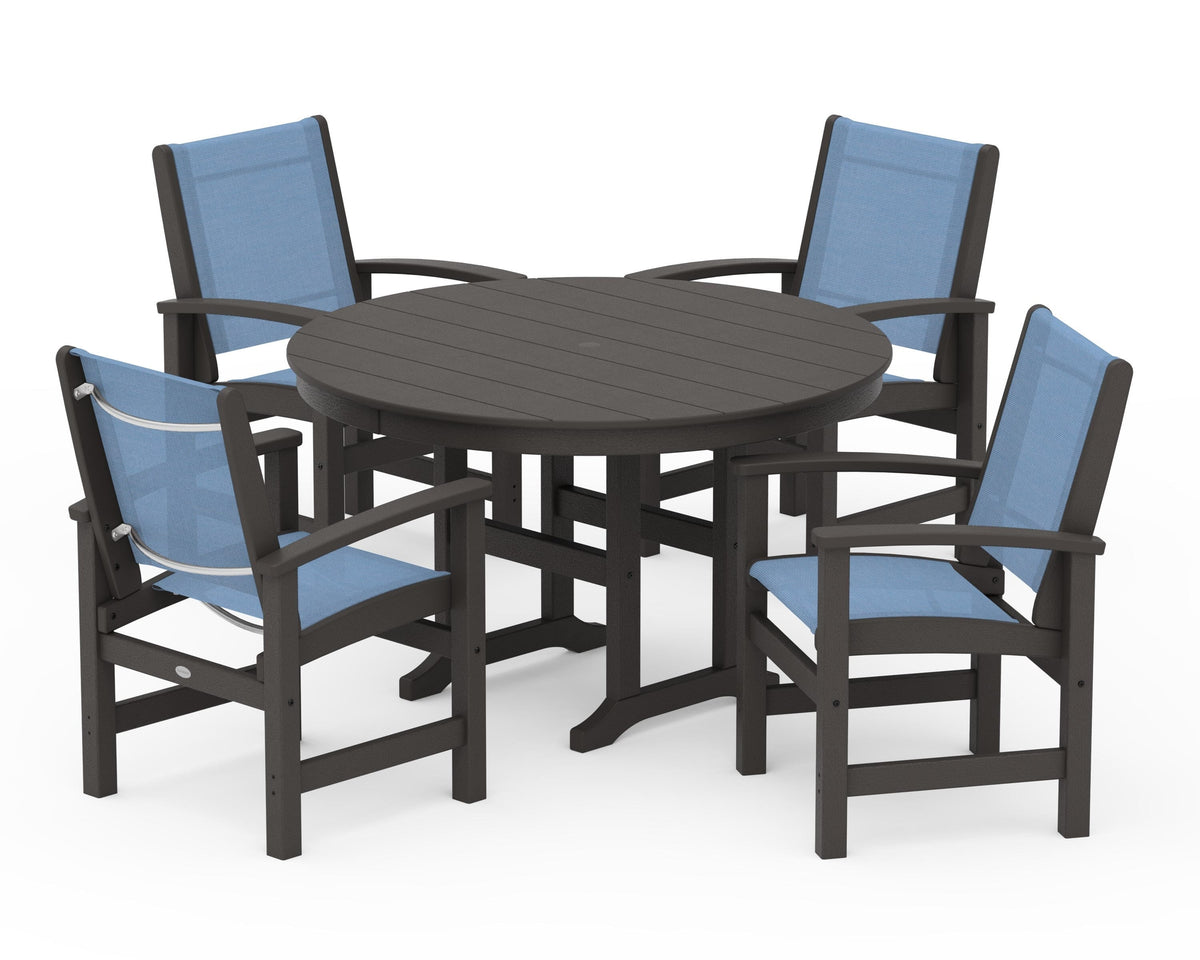 POLYWOOD Coastal 5-Piece Round Farmhouse Dining Set in Vintage Coffee / Poolside