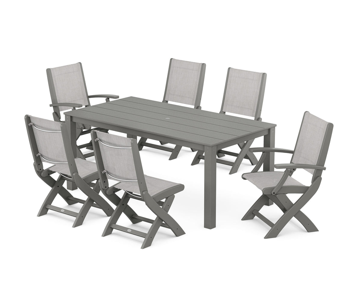 POLYWOOD Coastal Folding Chair 7-Piece Parsons Dining Set with Coastal Folding Side Chair in Slate Grey / Black