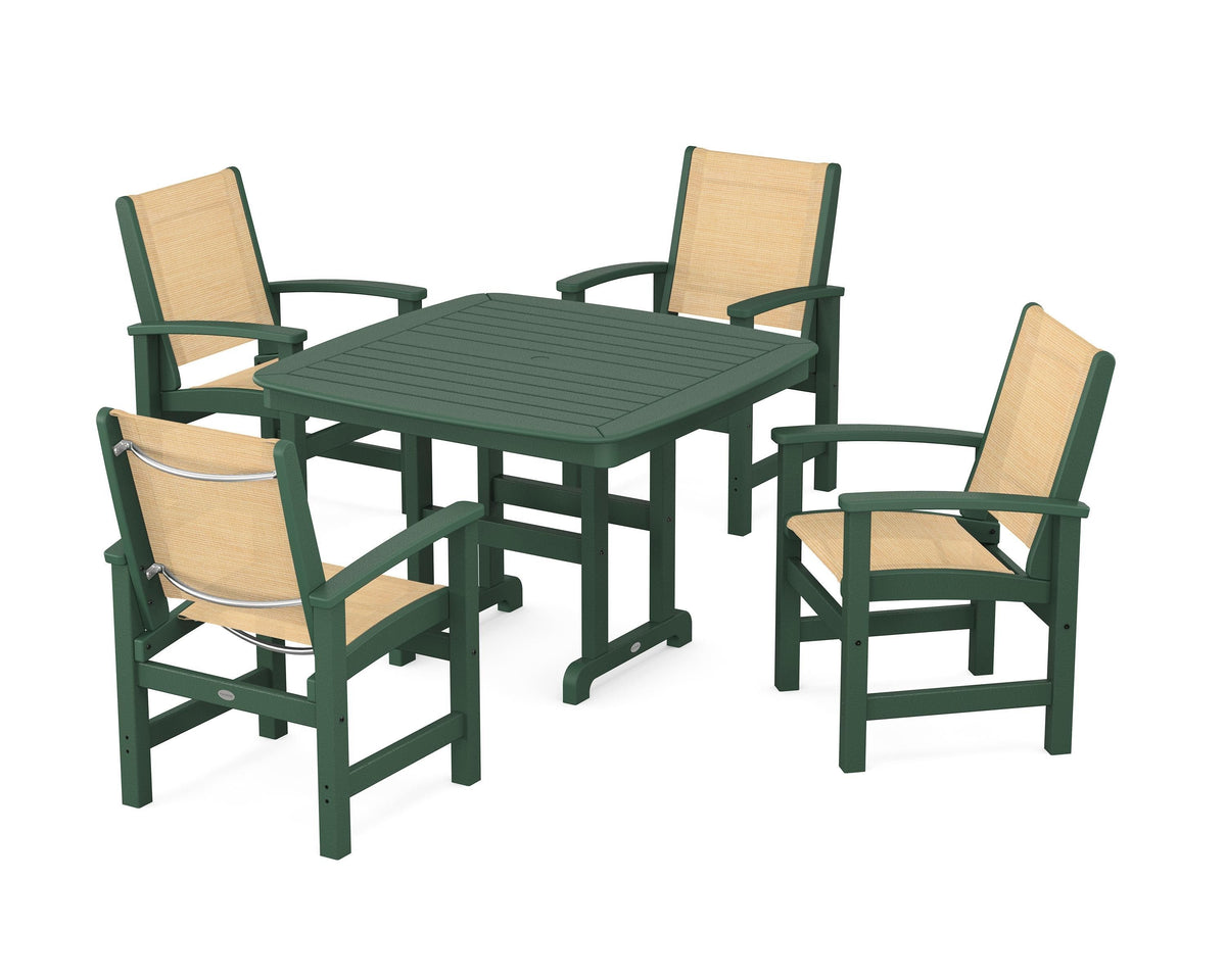 POLYWOOD Coastal 5-Piece Dining Set with Nautical 44" Dining Table in Green / Dupioni Apricot