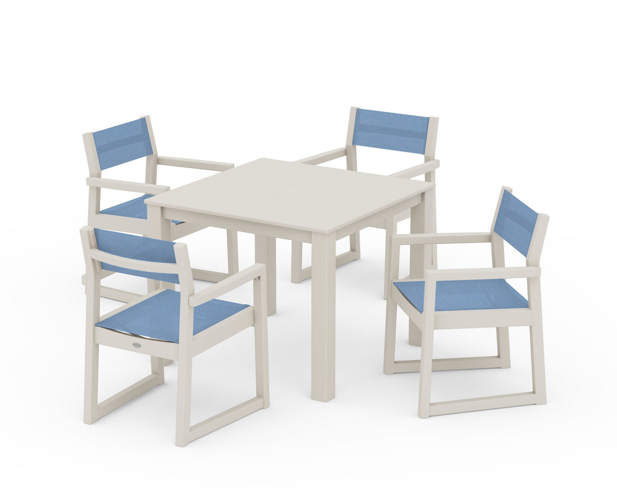 POLYWOOD EDGE Sling Arm Chair 5-Piece Parsons Dining Set in Sand / Poolside