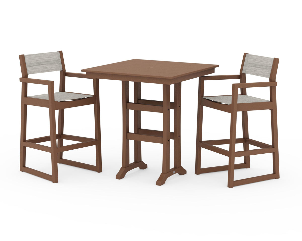 POLYWOOD EDGE Sling Arm Chair 3-Piece Farmhouse Bar Set with Trestle Legs in Teak / Birch