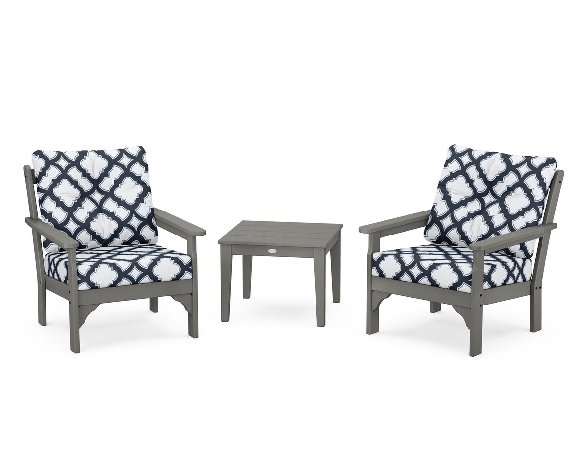POLYWOOD Vineyard 3-Piece Deep Seating Set in Slate Grey / Trellis Marine Indigo